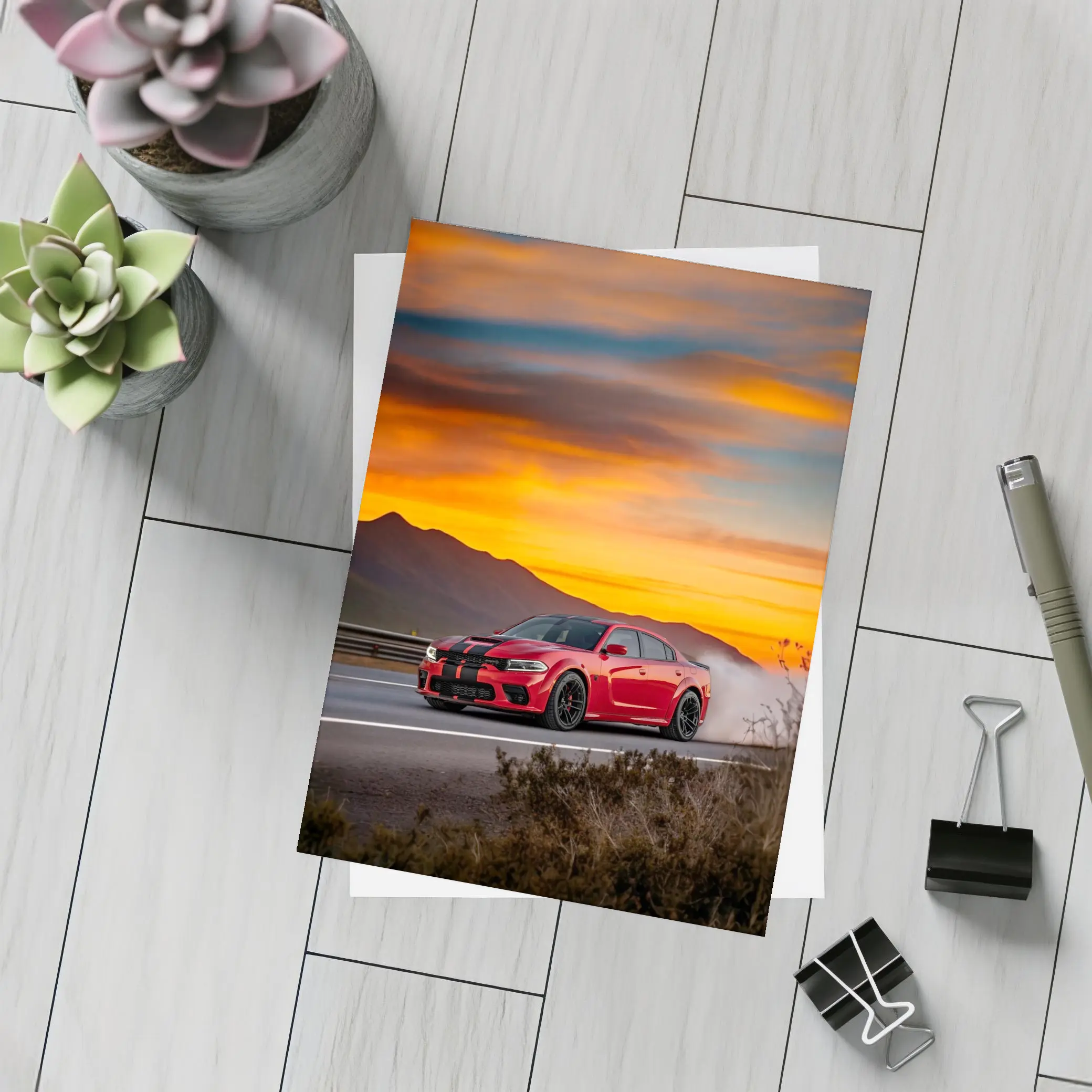 Dodge Charger Red Muscle Car Sunset Road – Postcards