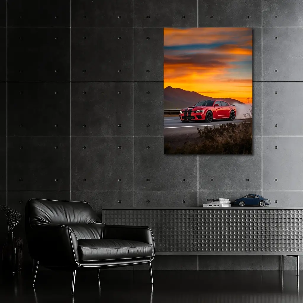 Dodge Charger Red Muscle Car Sunset Road – Wall Art