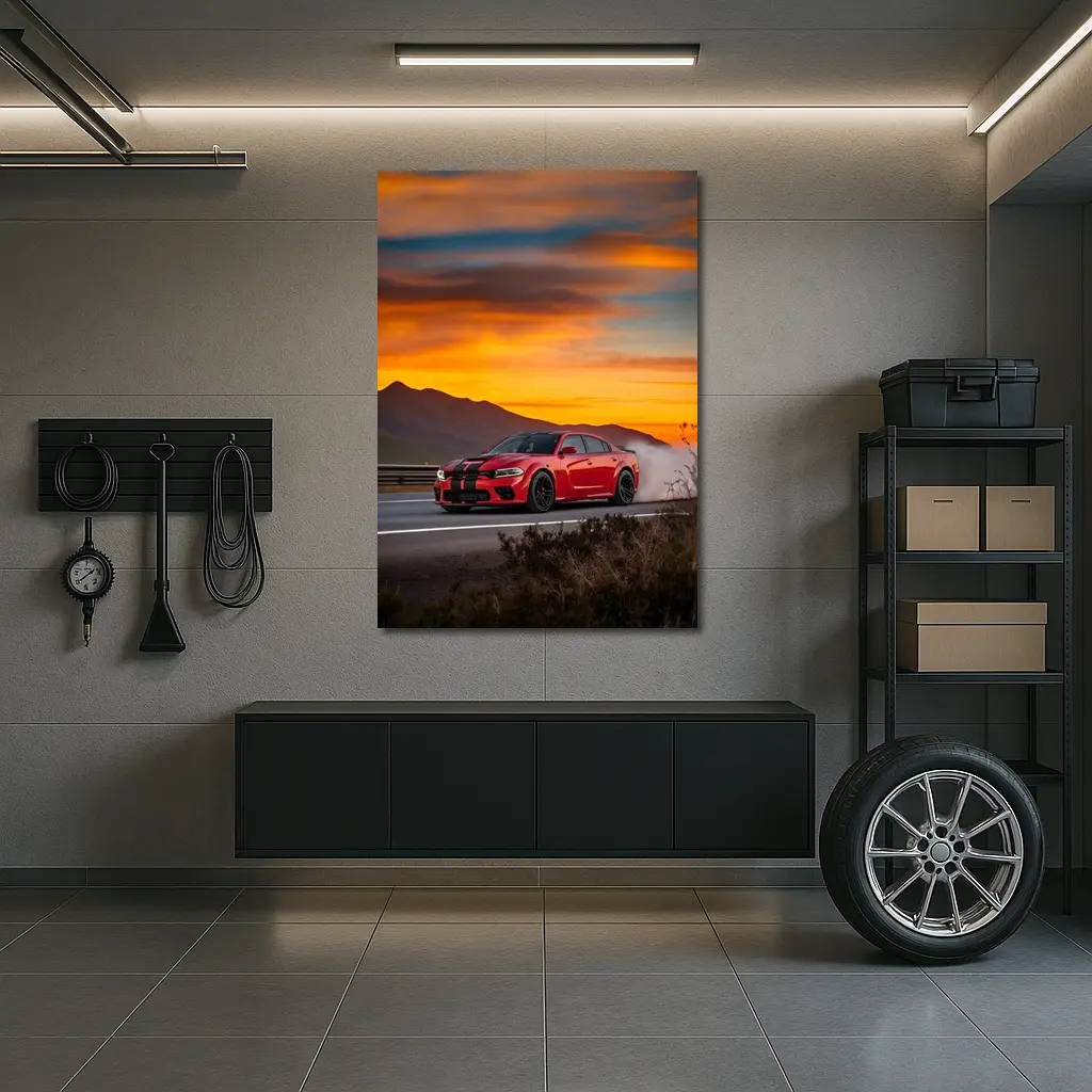 Dodge Charger Red Muscle Car Sunset Road – Wall Art