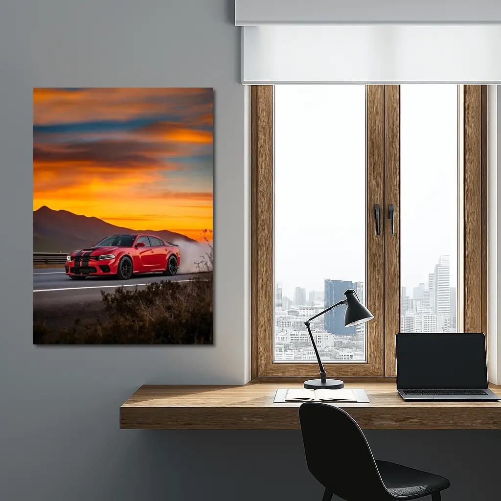 Dodge Charger Red Muscle Car Sunset Road – Wall Art