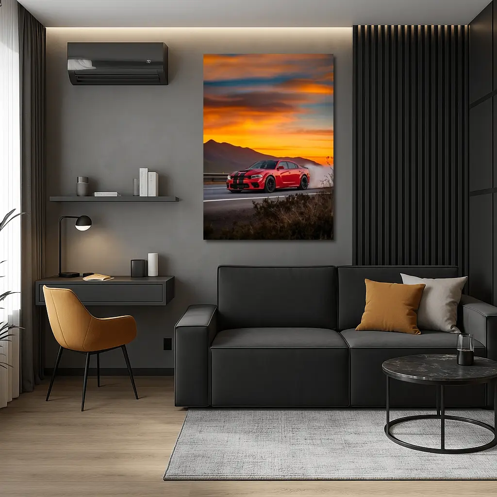 Dodge Charger Red Muscle Car Sunset Road – Wall Art