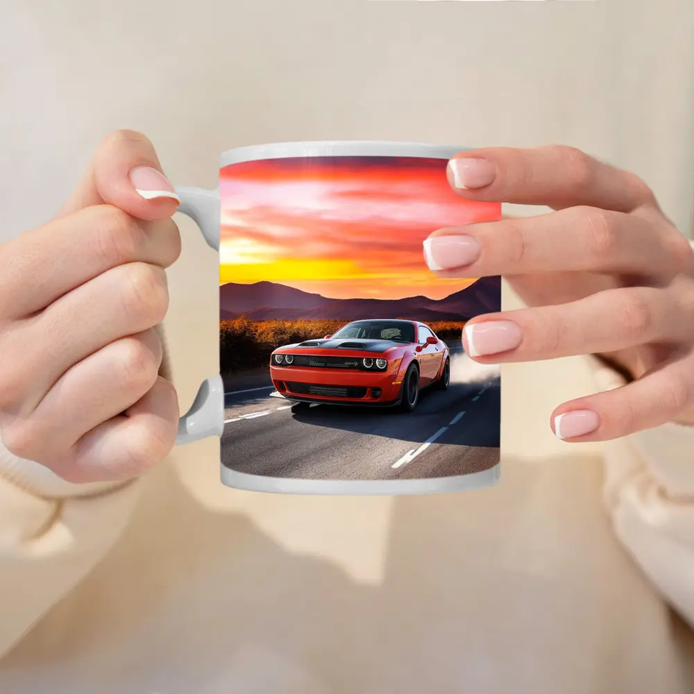 Dodge Challenger Red Muscle Car Sunset Road – Mugs