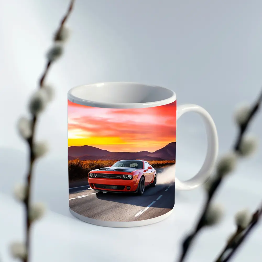 Dodge Challenger Red Muscle Car Sunset Road – Mugs