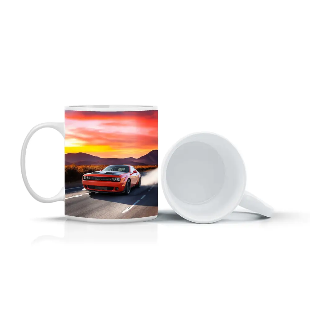 Dodge Challenger Red Muscle Car Sunset Road – Mugs