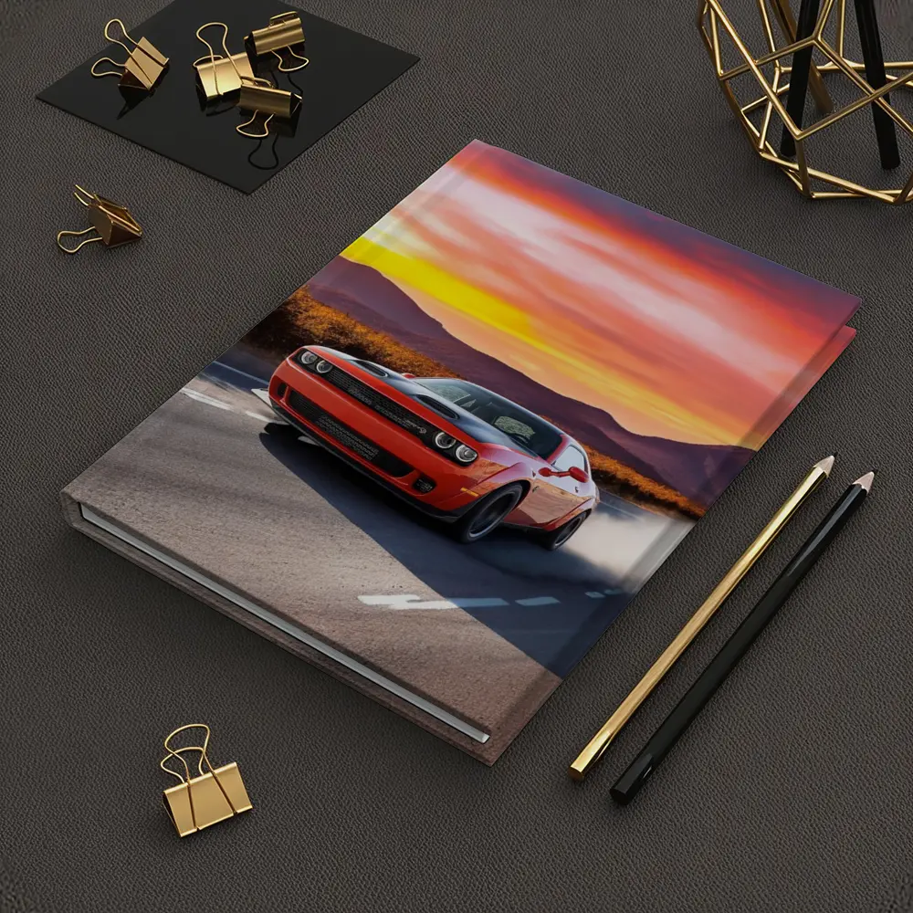 Dodge Challenger Red Muscle Car Sunset Road – Notebooks