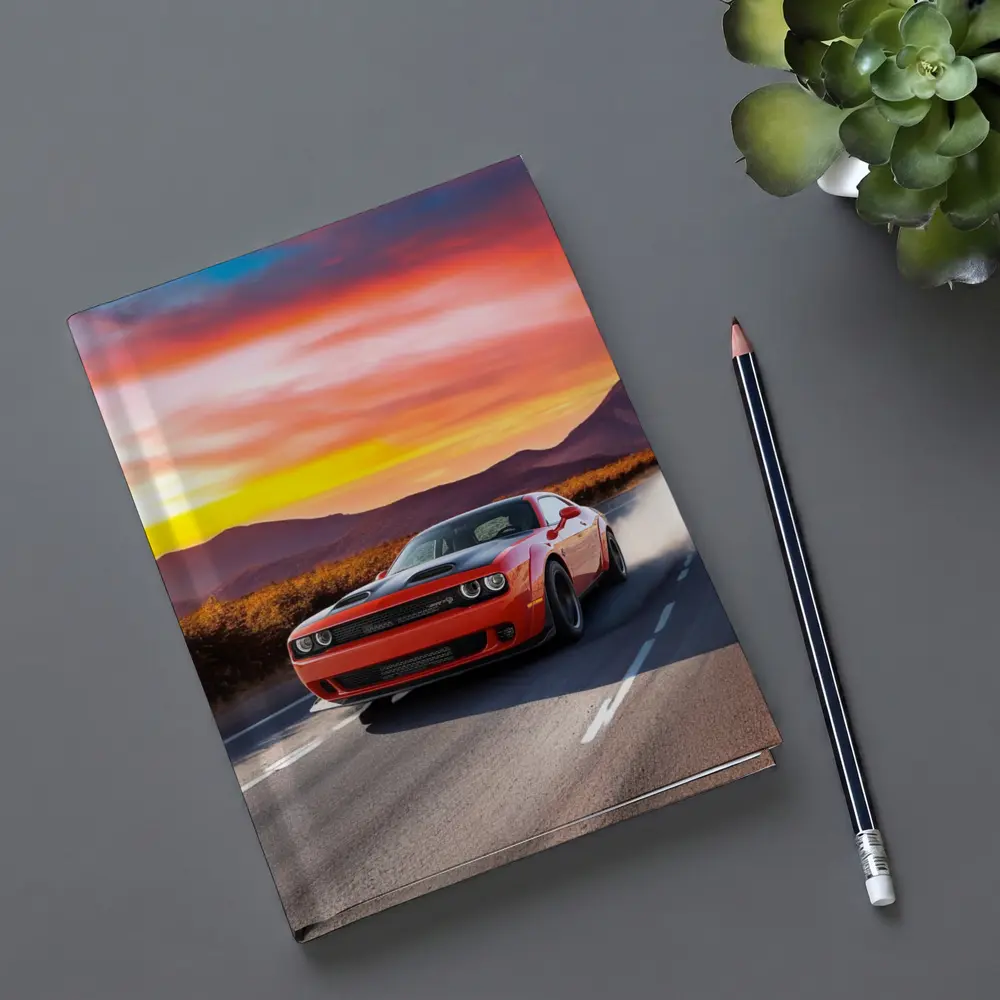 Dodge Challenger Red Muscle Car Sunset Road – Notebooks
