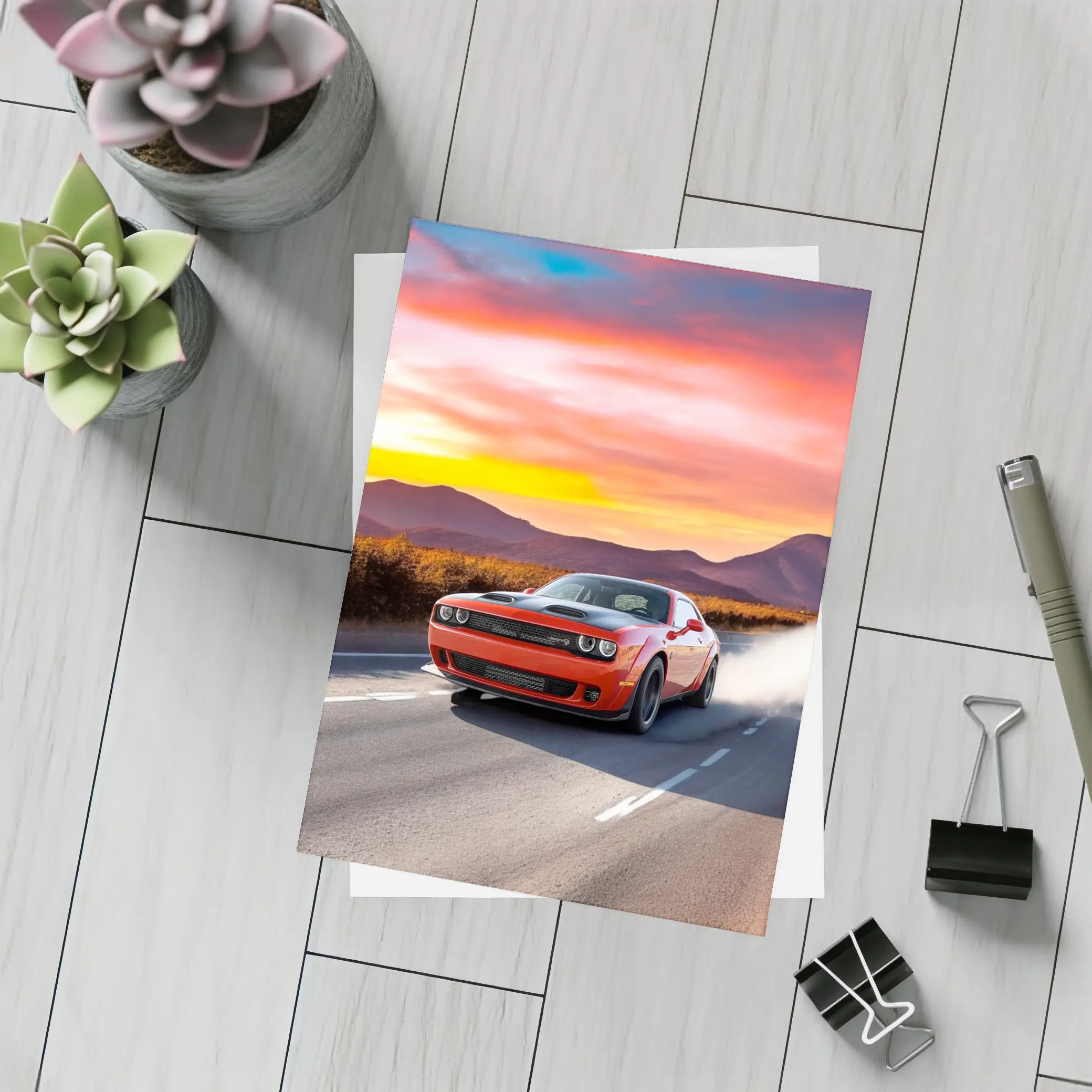 Dodge Challenger Red Muscle Car Sunset Road – Postcards