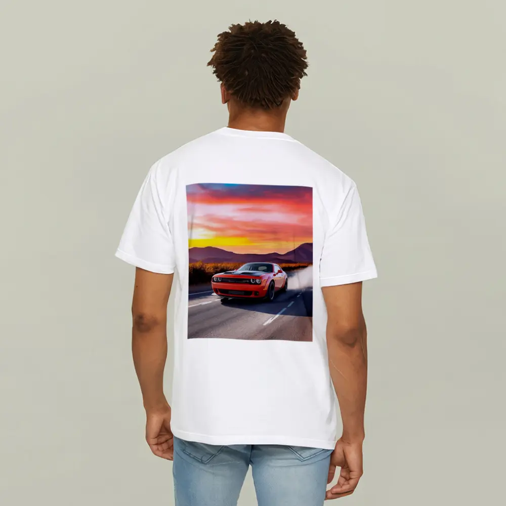 Dodge Challenger Red Muscle Car Sunset Road – T-Shirts