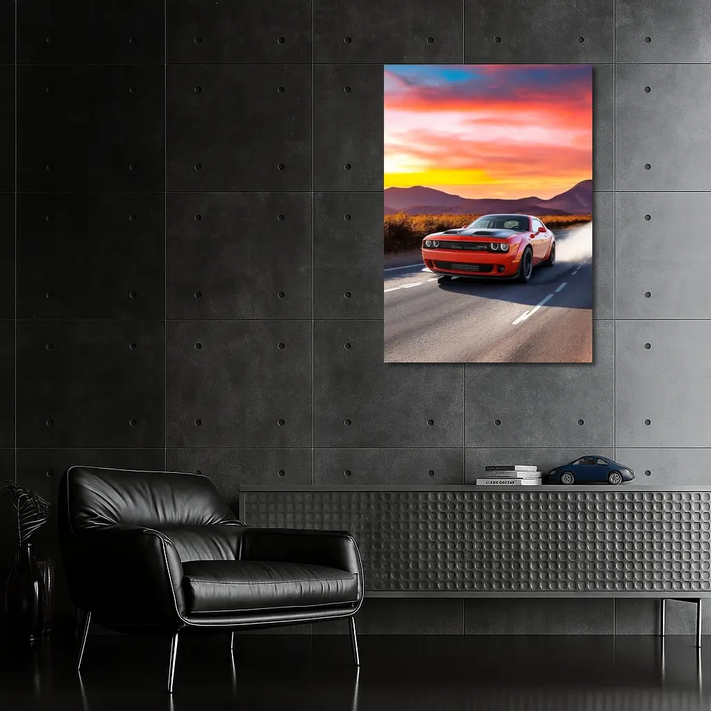 Dodge Challenger Red Muscle Car Sunset Road – Wall Art