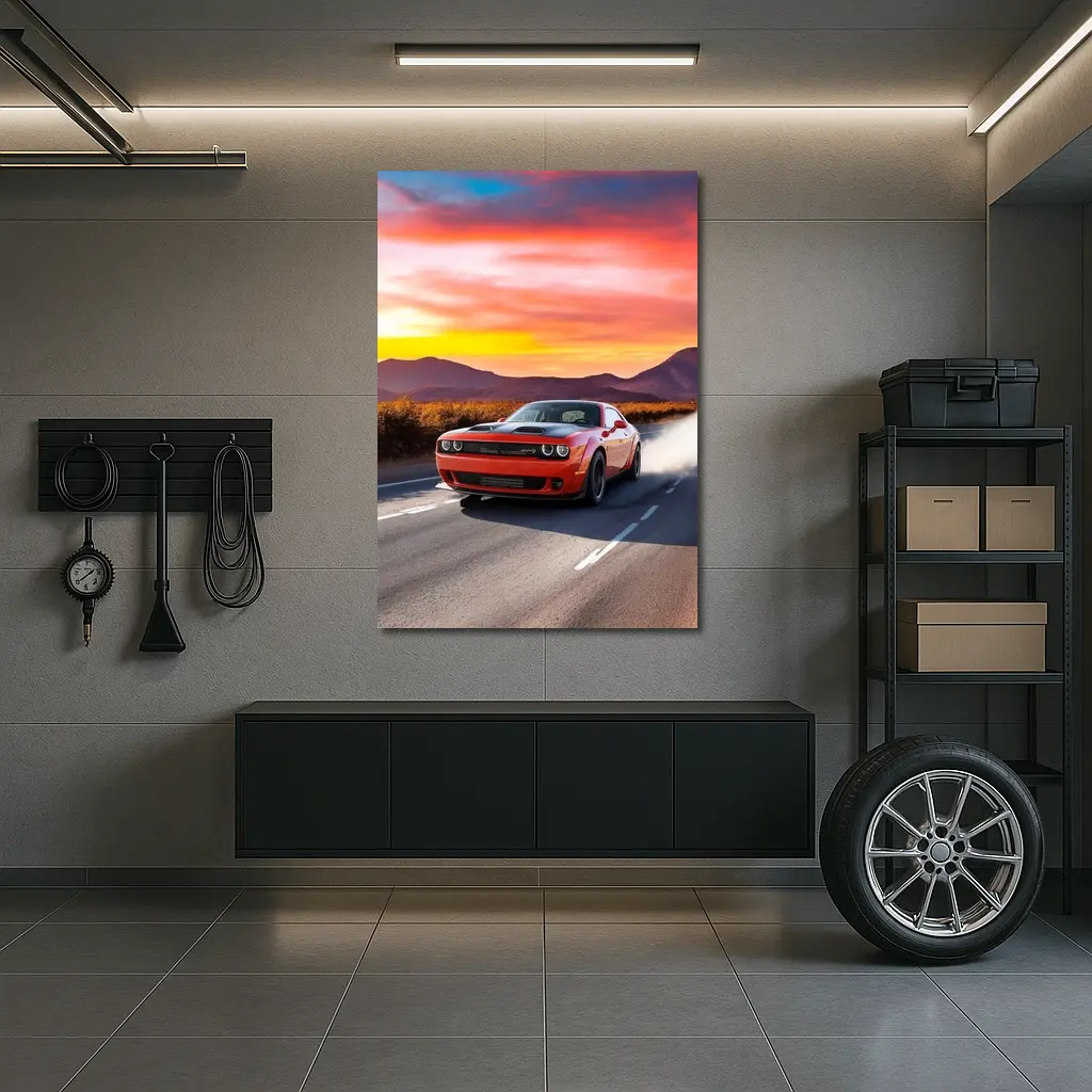 Dodge Challenger Red Muscle Car Sunset Road – Wall Art
