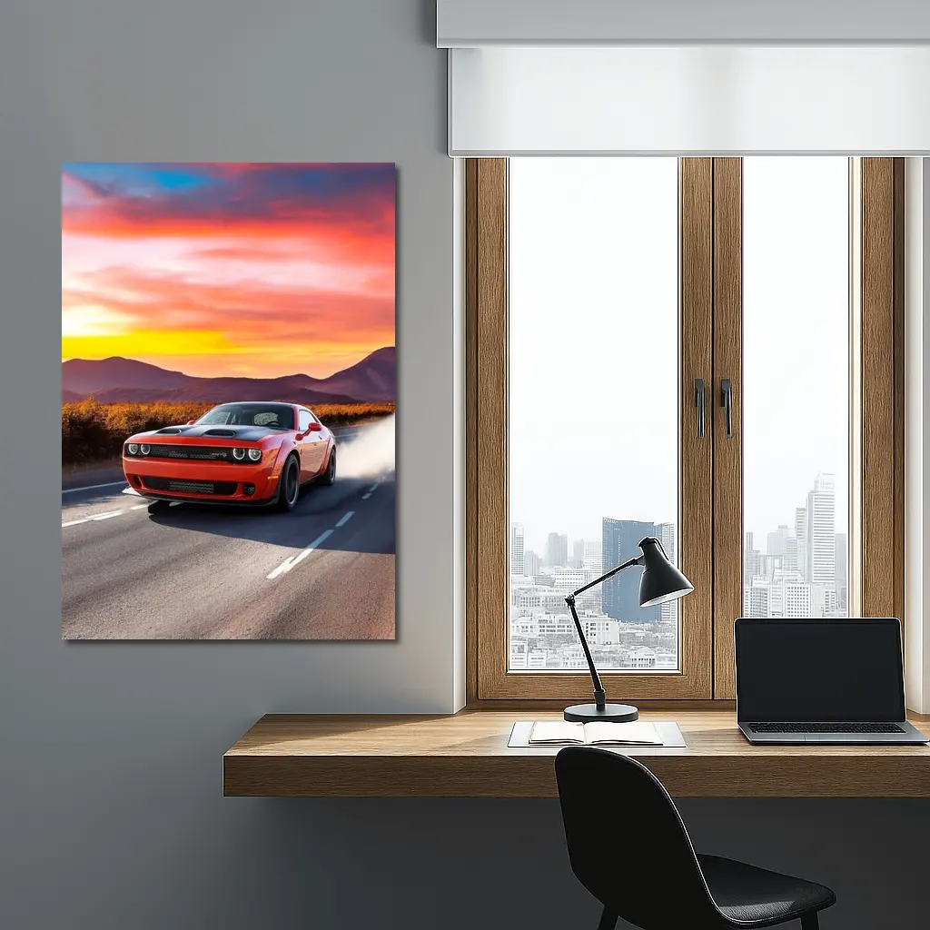 Dodge Challenger Red Muscle Car Sunset Road – Wall Art