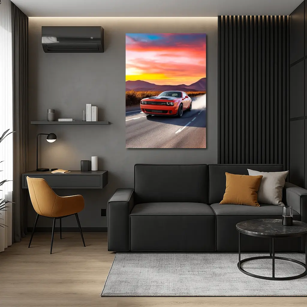Dodge Challenger Red Muscle Car Sunset Road – Wall Art