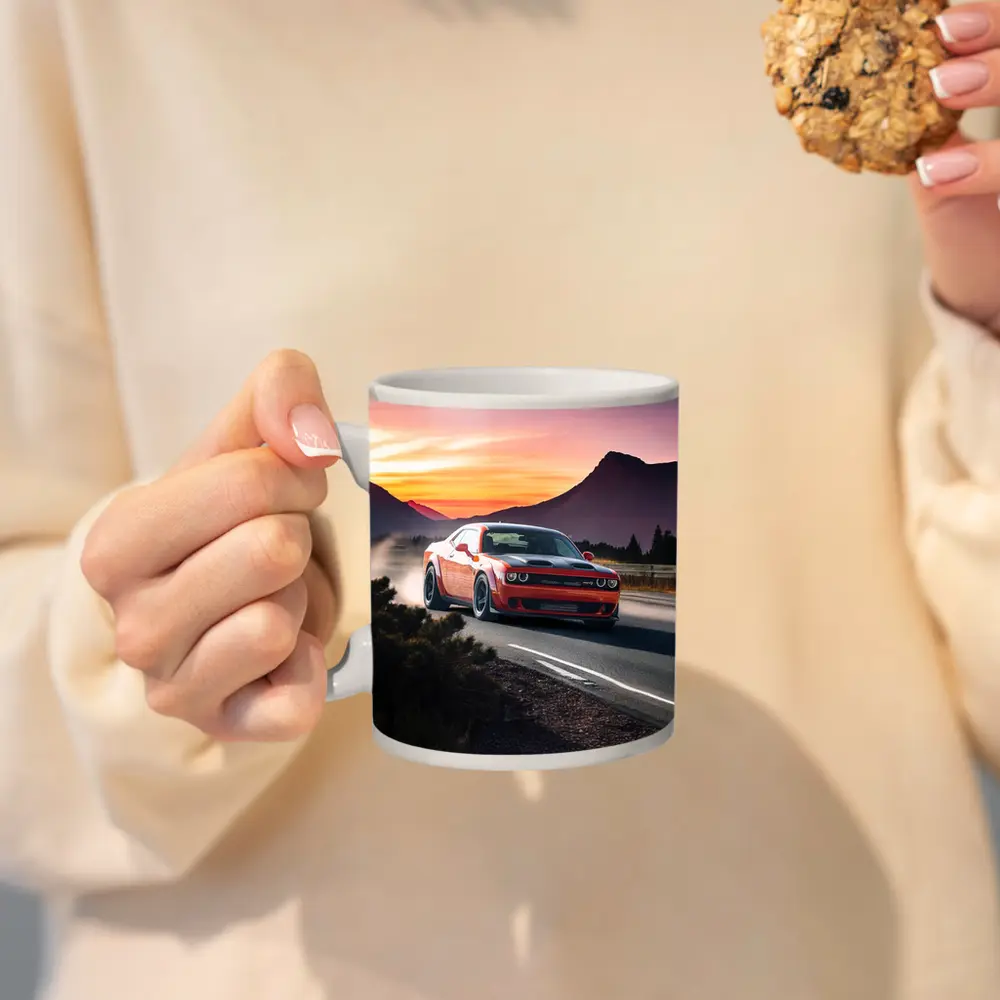 Dodge Challenger Red Car Mountain Sunset Road – Mugs