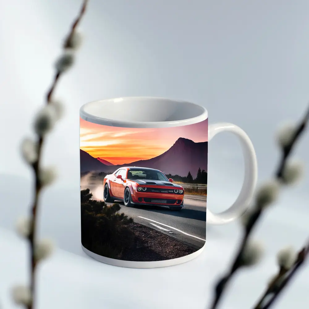 Dodge Challenger Red Car Mountain Sunset Road – Mugs