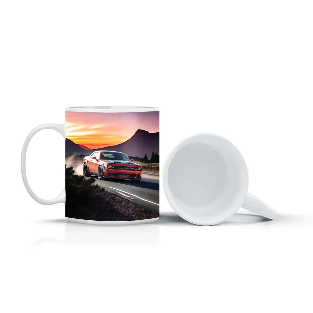 Dodge Challenger Red Car Mountain Sunset Road – Mugs