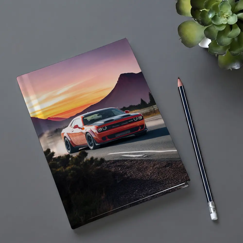 Dodge Challenger Red Car Mountain Sunset Road – Notebooks