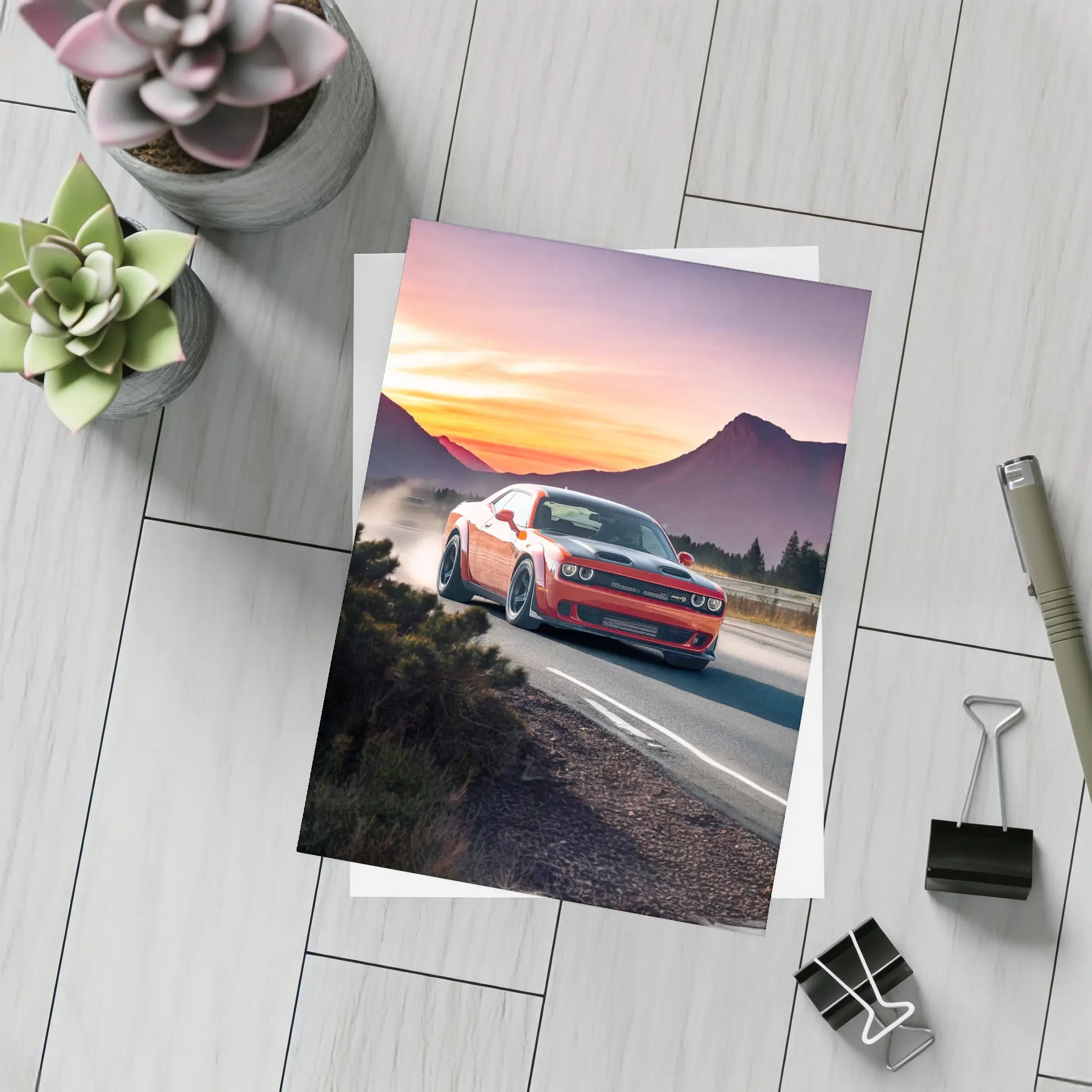 Dodge Challenger Red Car Mountain Sunset Road – Postcards