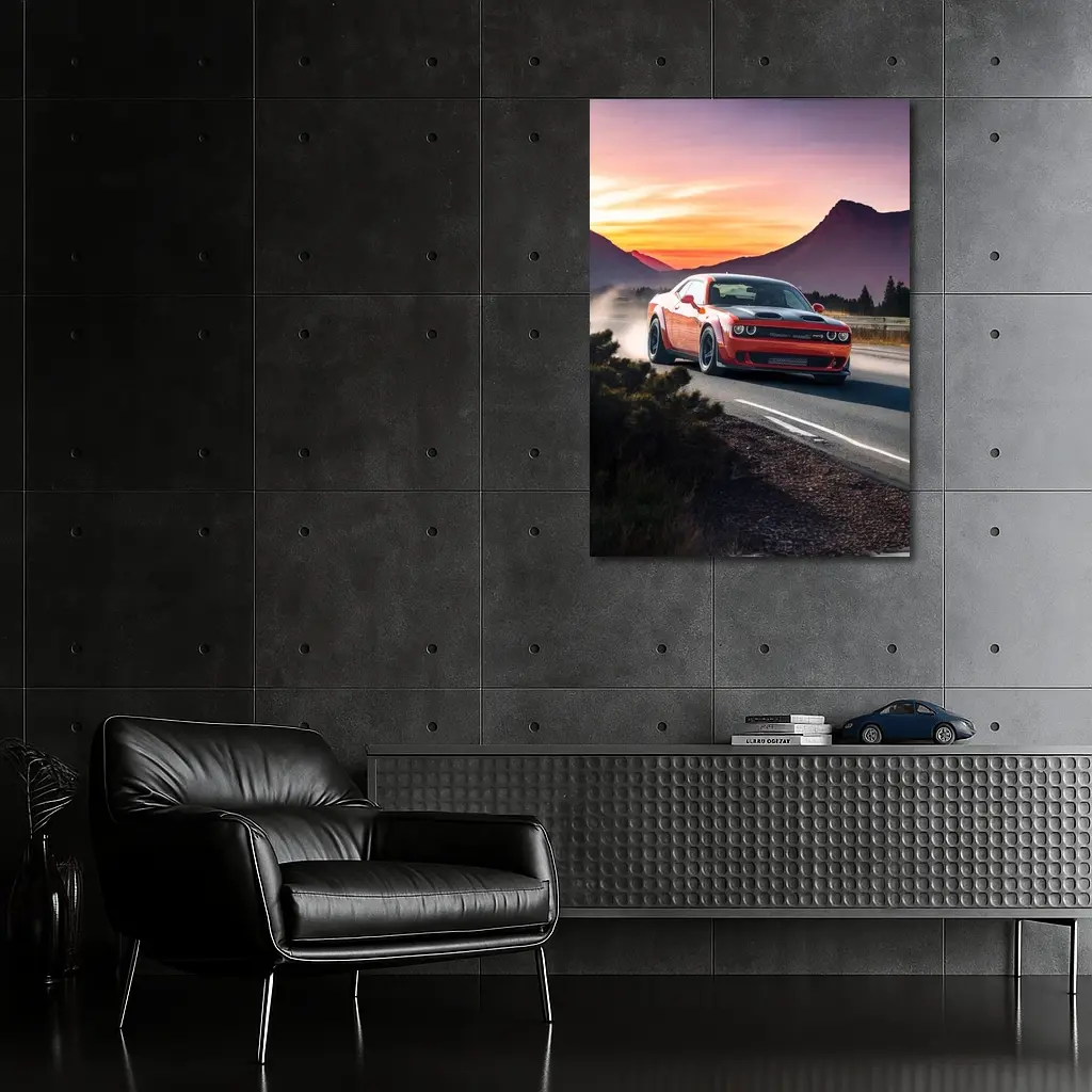 Dodge Challenger Red Car Mountain Sunset Road – Wall Art