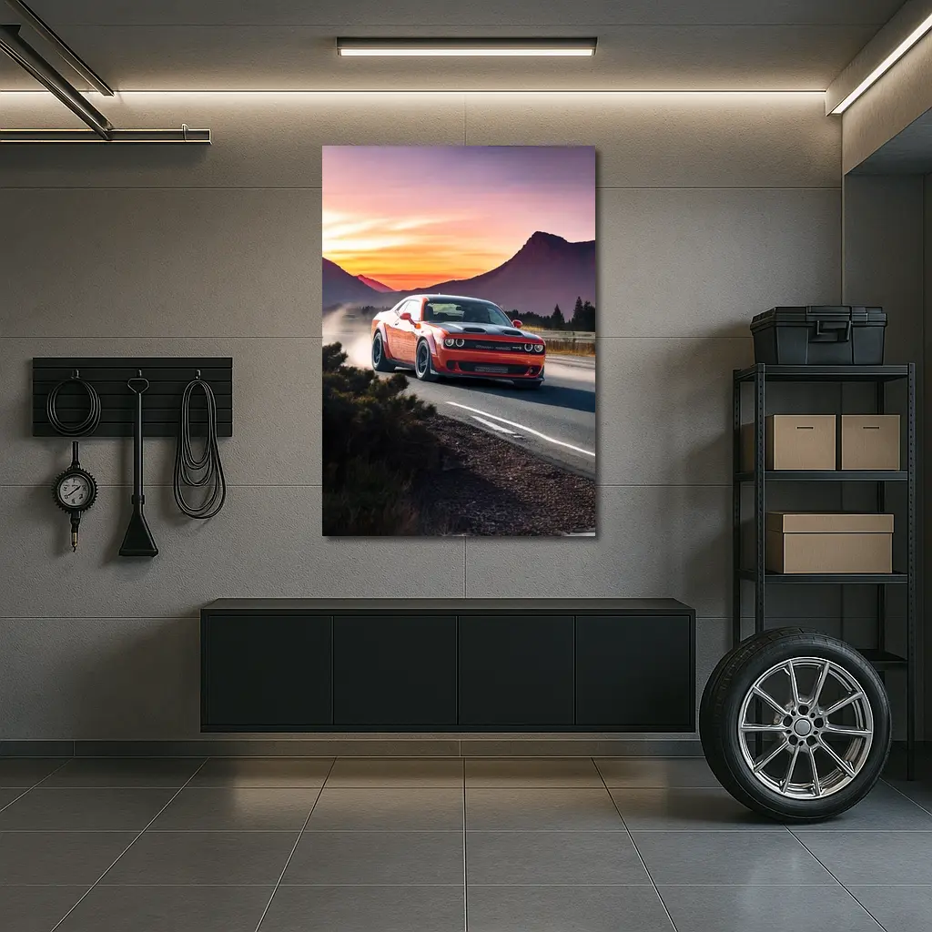 Dodge Challenger Red Car Mountain Sunset Road – Wall Art