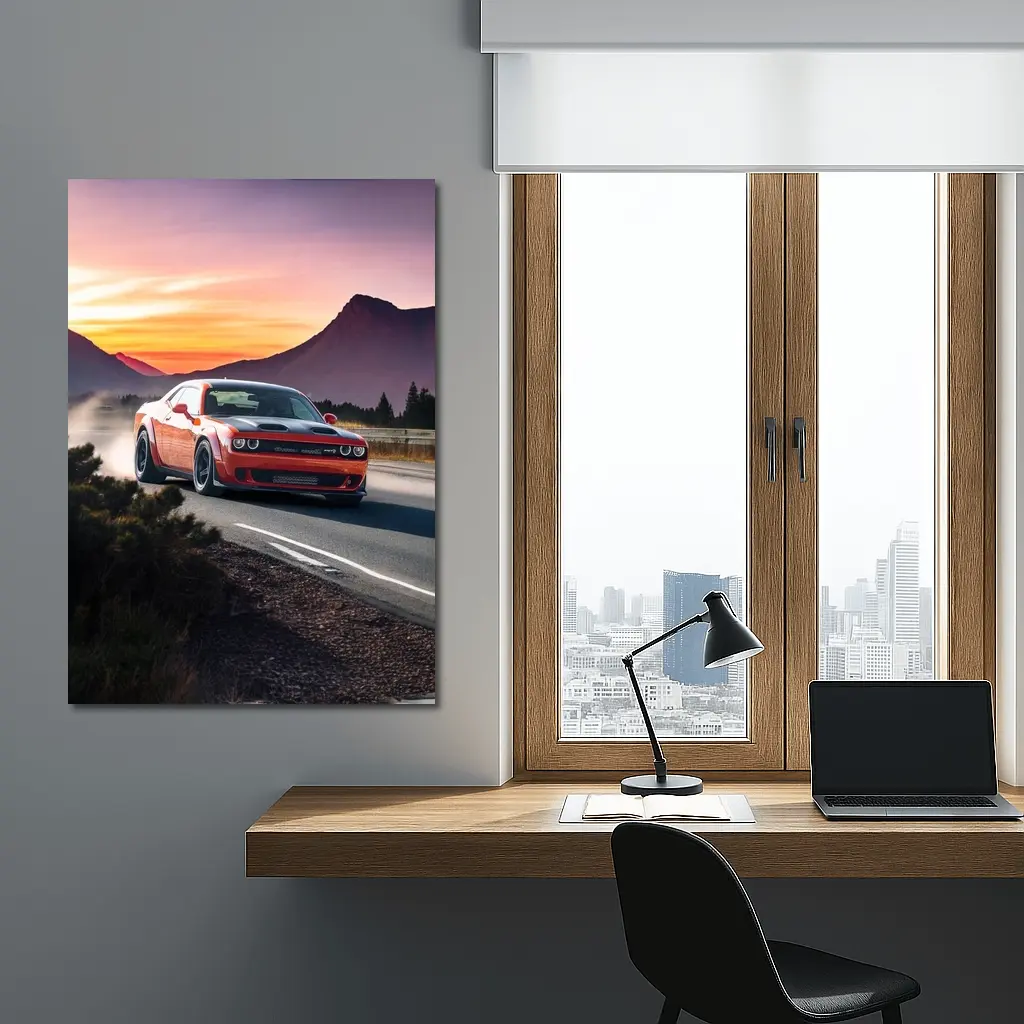 Dodge Challenger Red Car Mountain Sunset Road – Wall Art