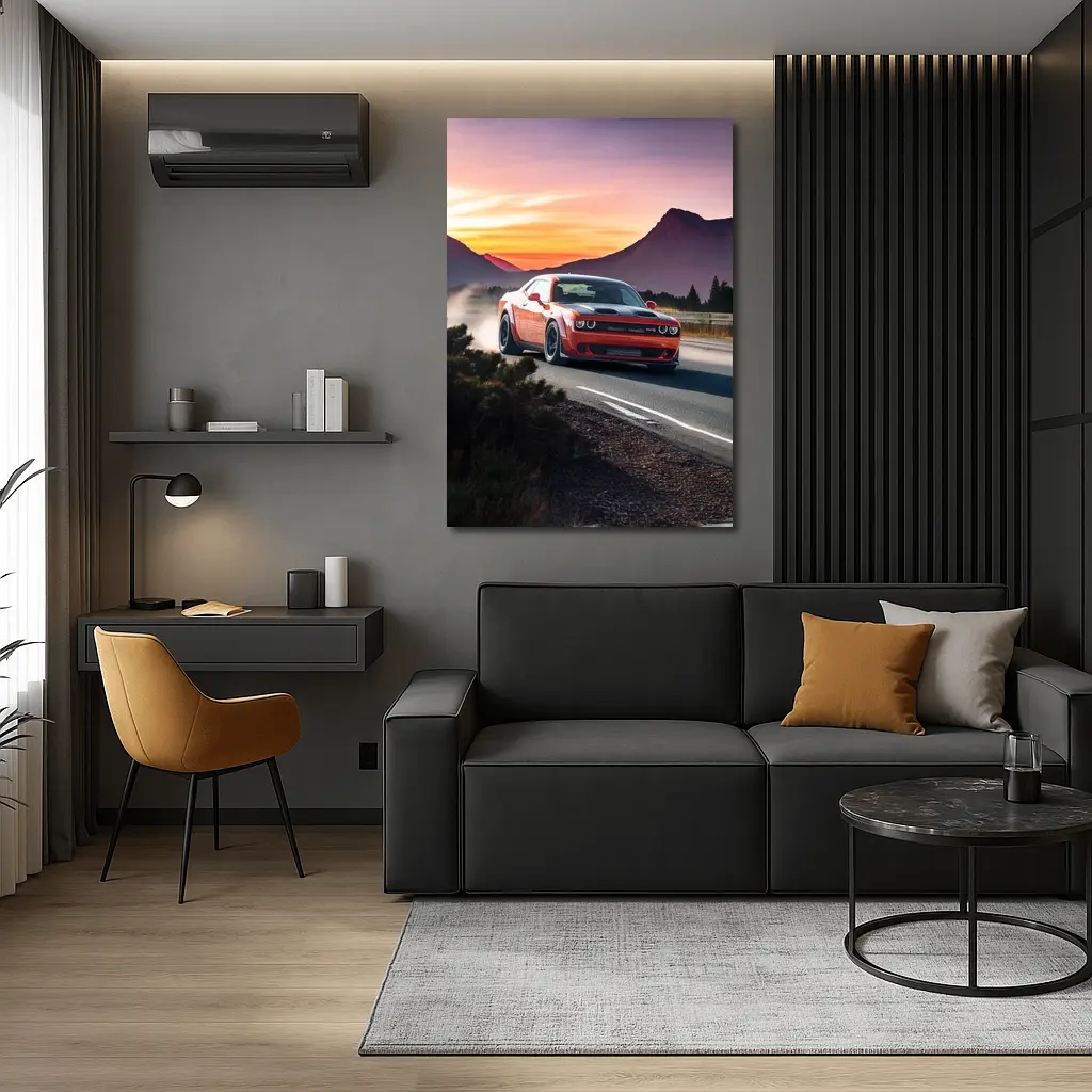Dodge Challenger Red Car Mountain Sunset Road – Wall Art