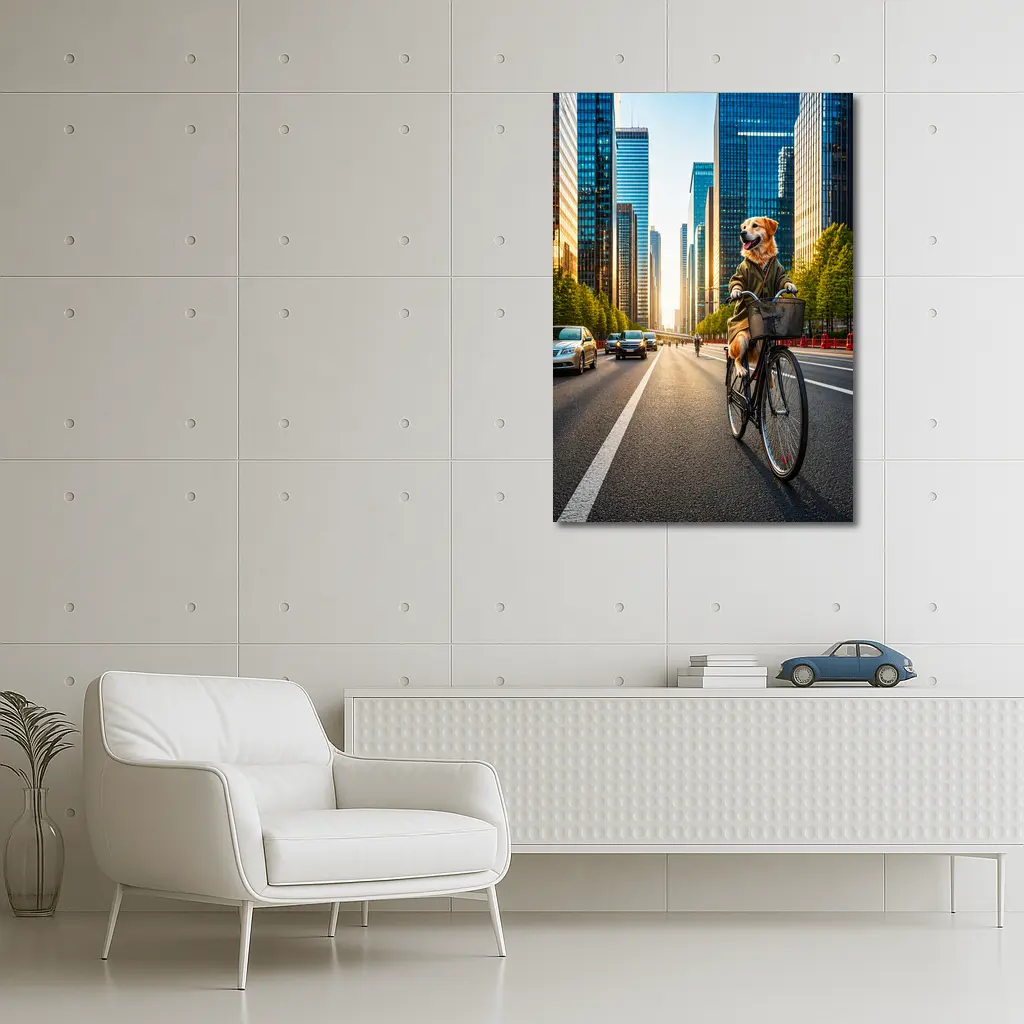 Golden Retriever Riding Bicycle City Skyline – Wall Art