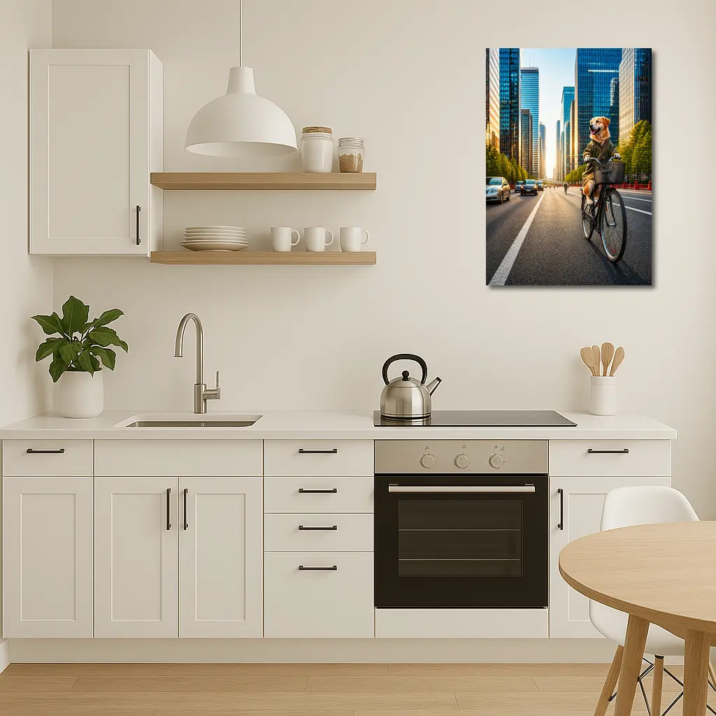 Golden Retriever Riding Bicycle City Skyline – Wall Art