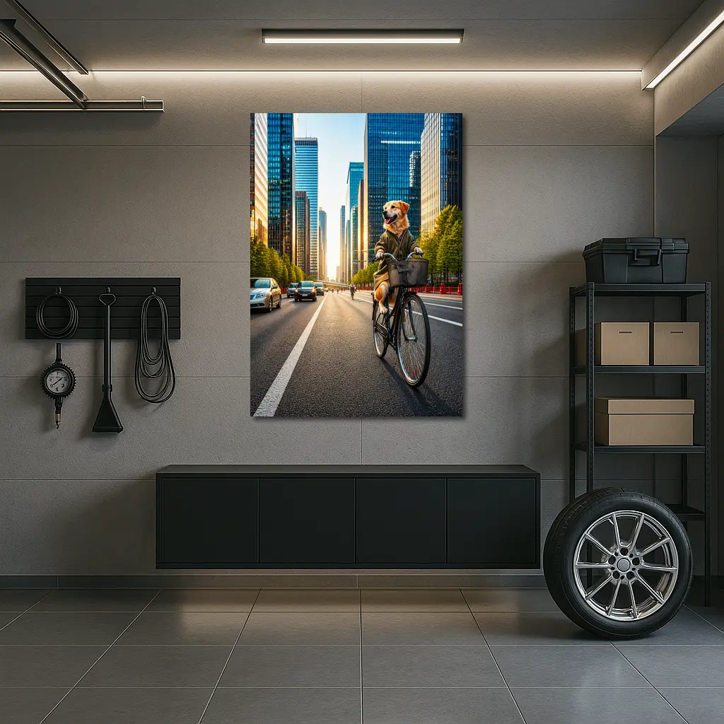 Golden Retriever Riding Bicycle City Skyline – Wall Art