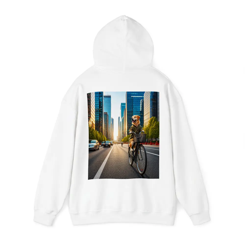 Golden Retriever Riding Bicycle City Skyline – Hoodies