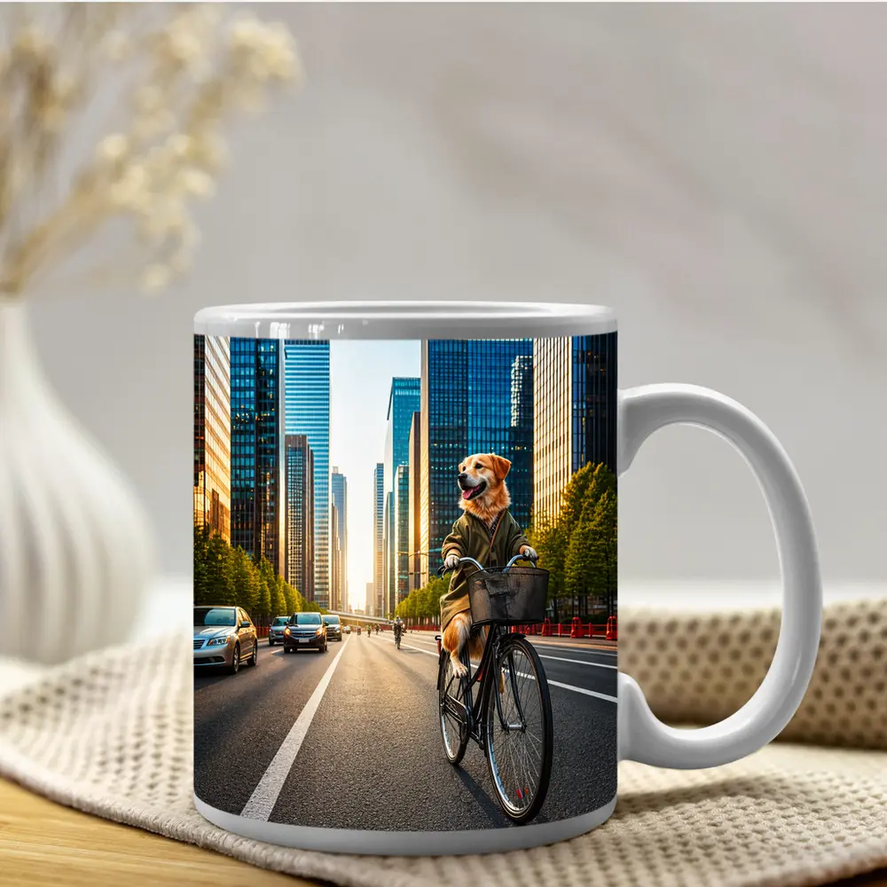 Golden Retriever Riding Bicycle City Skyline – Mugs