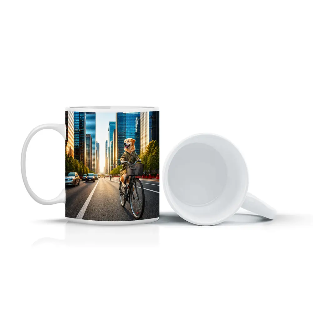Golden Retriever Riding Bicycle City Skyline – Mugs