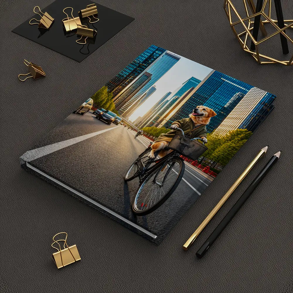 Golden Retriever Riding Bicycle City Skyline – Notebooks