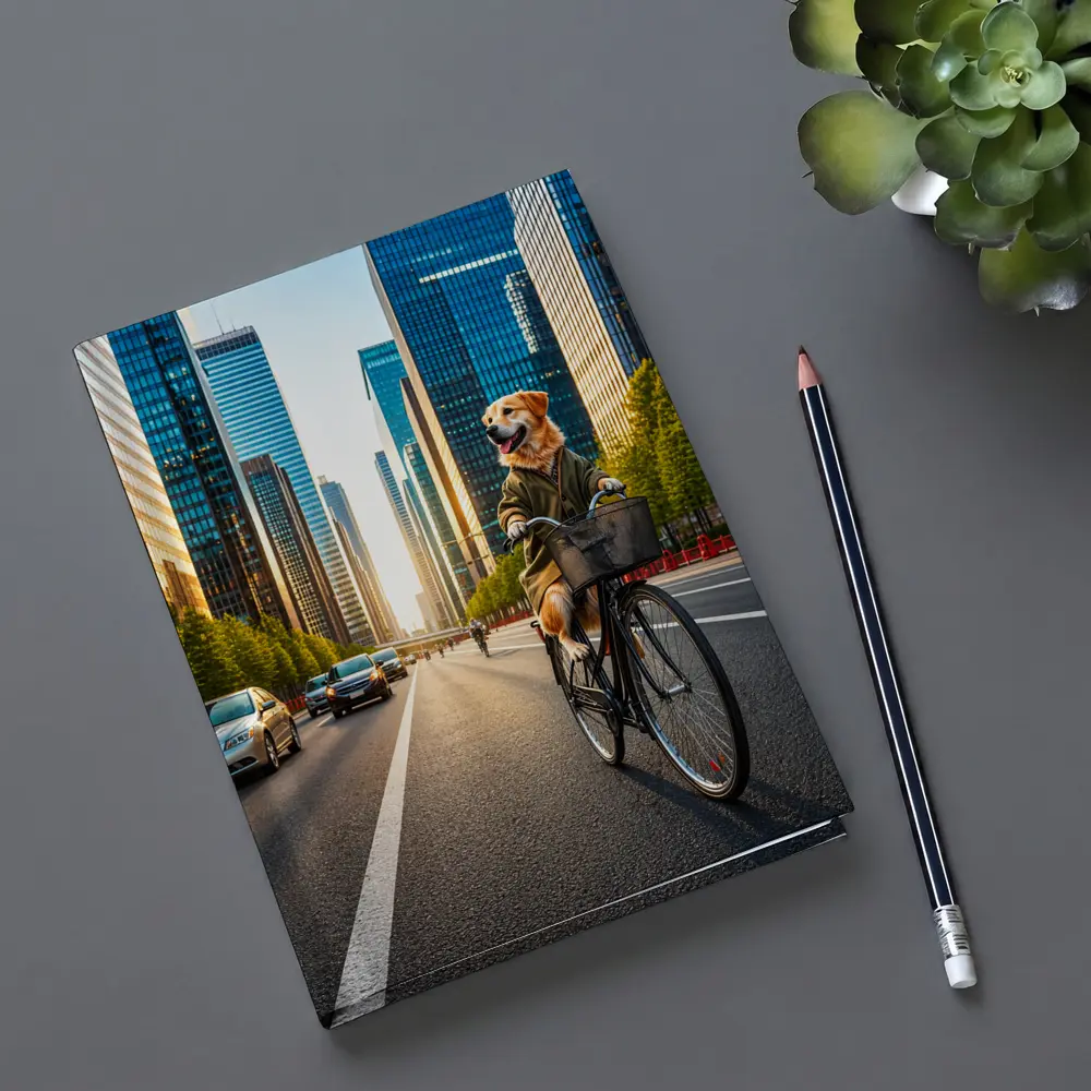 Golden Retriever Riding Bicycle City Skyline – Notebooks