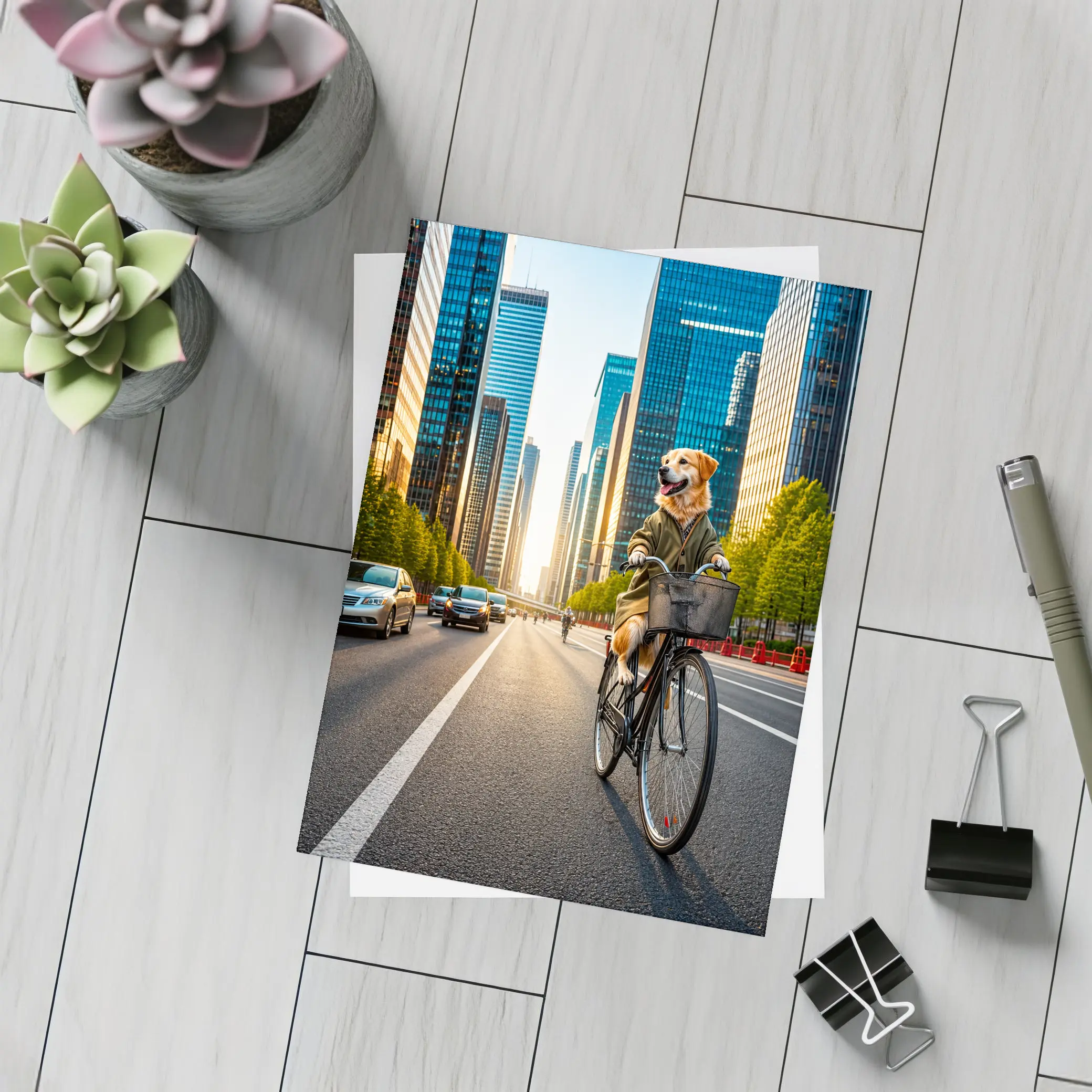 Golden Retriever Riding Bicycle City Skyline – Postcards