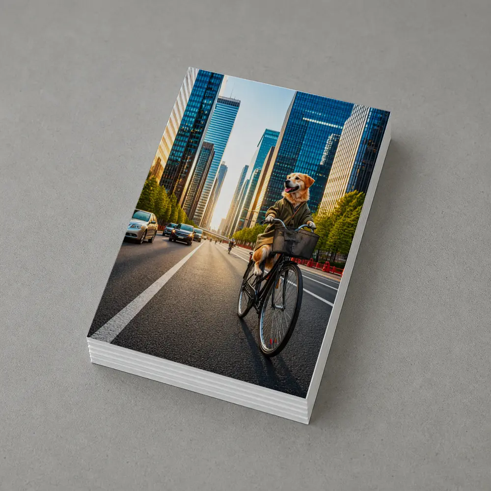 Golden Retriever Riding Bicycle City Skyline – Postcards