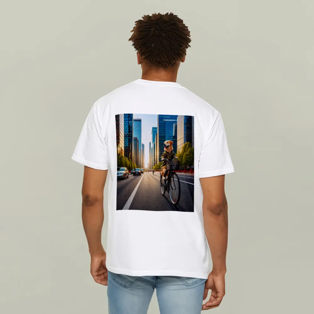 Golden Retriever Riding Bicycle City Skyline – T-Shirts