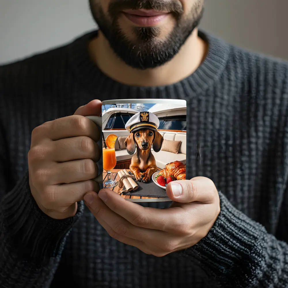 Dachshund Captain on Luxury Yacht Deck – Mugs