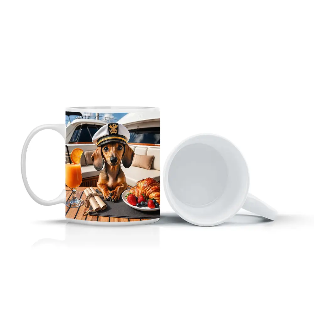 Dachshund Captain on Luxury Yacht Deck – Mugs