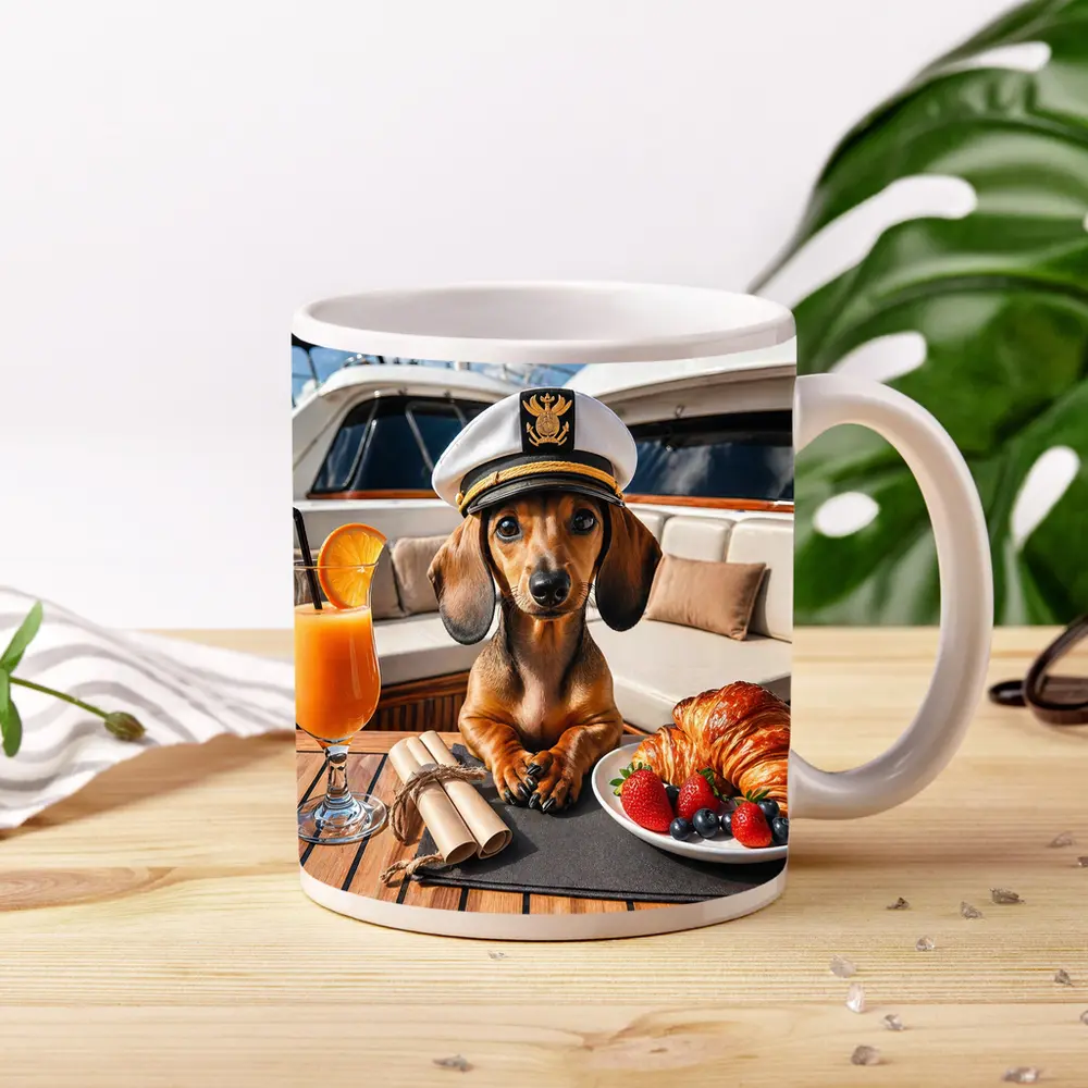 Dachshund Captain on Luxury Yacht Deck – Mugs