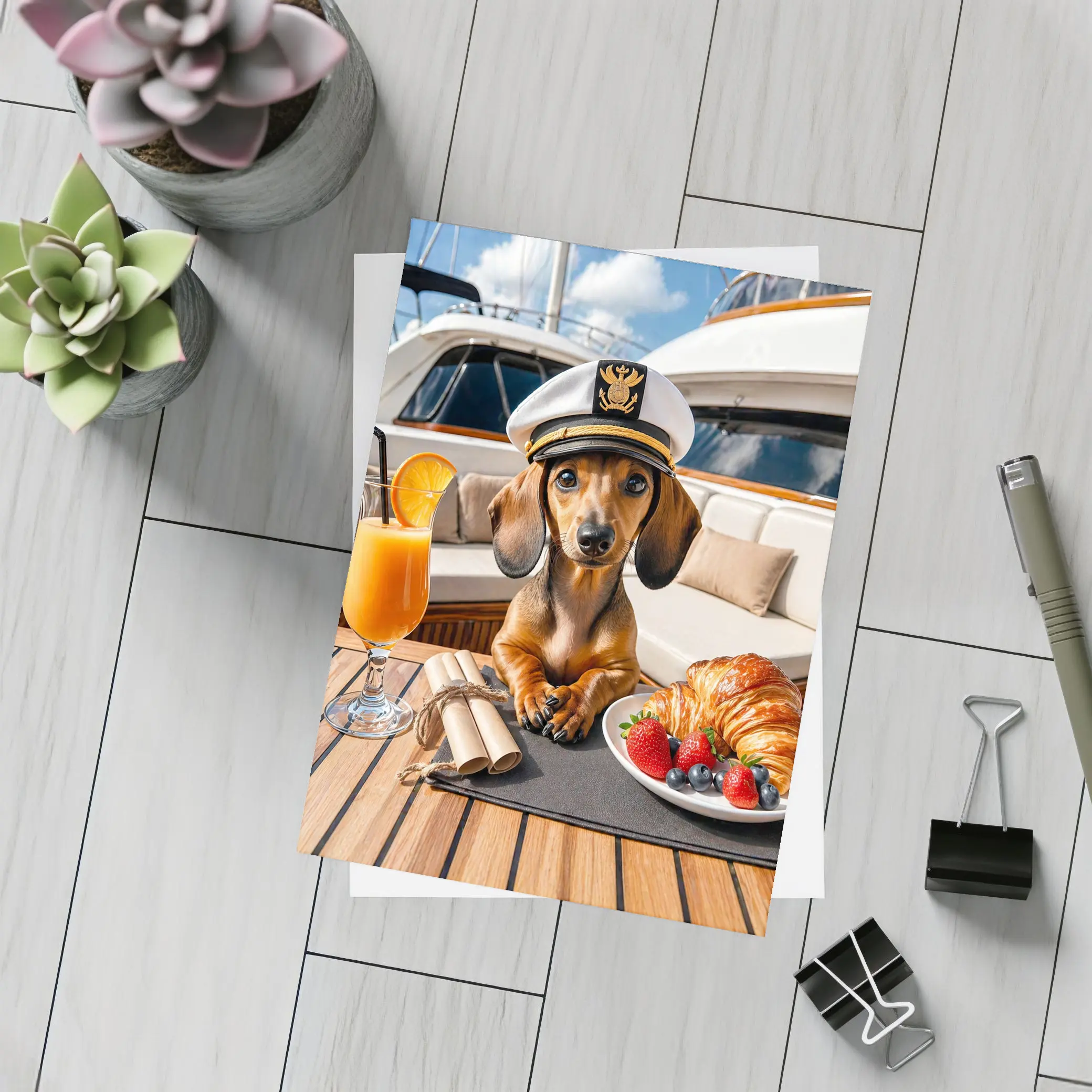Dachshund Captain on Luxury Yacht Deck – Postcards