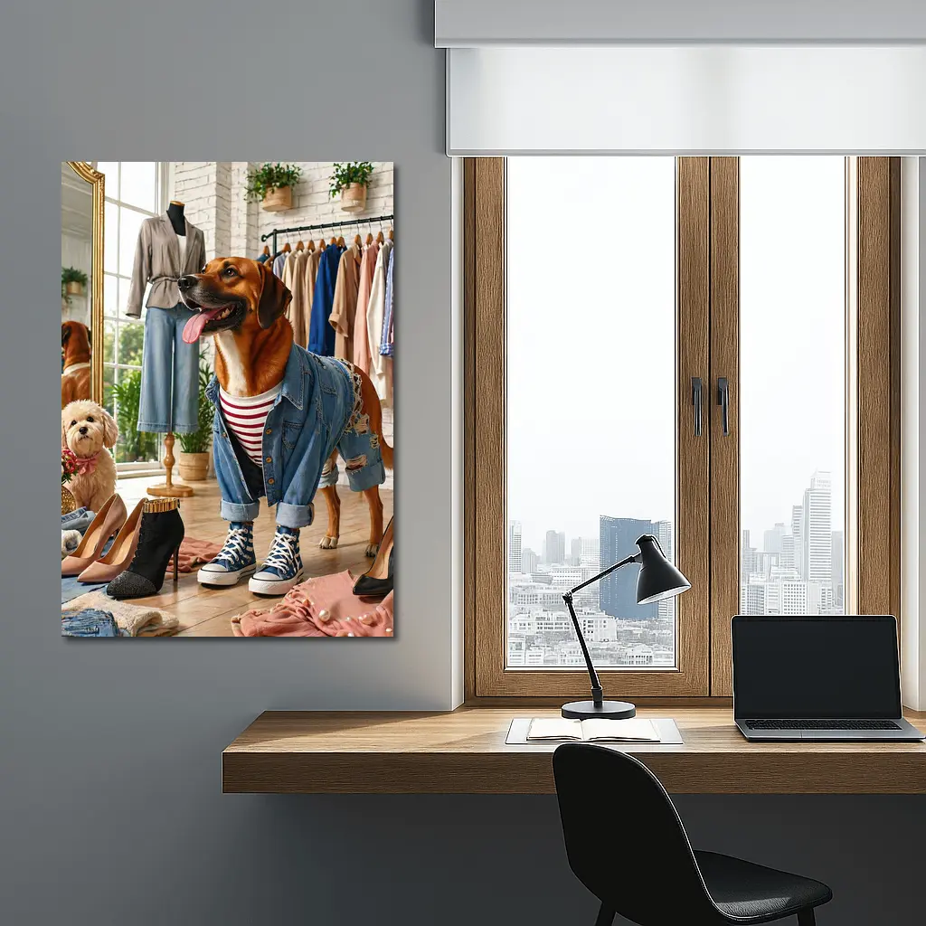 Stylish Dogs Dressed Up in Fashion Boutique – Wall Art