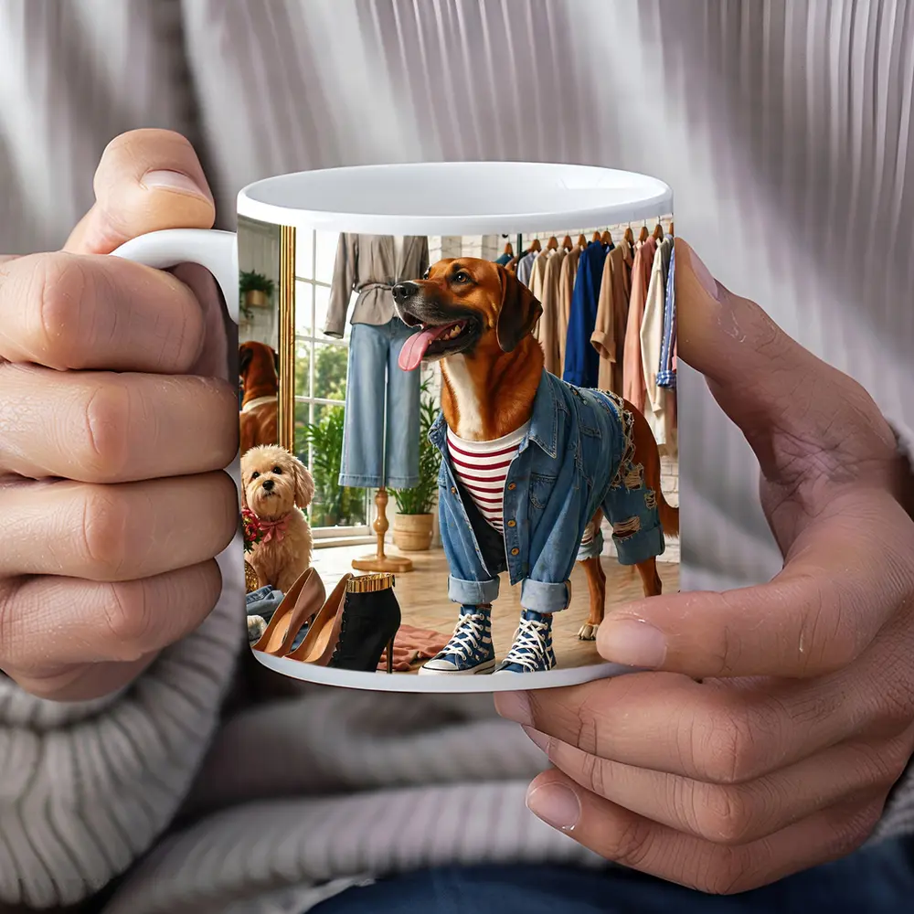 Stylish Dogs Dressed Up in Fashion Boutique – Mugs