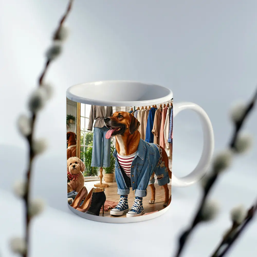 Stylish Dogs Dressed Up in Fashion Boutique – Mugs
