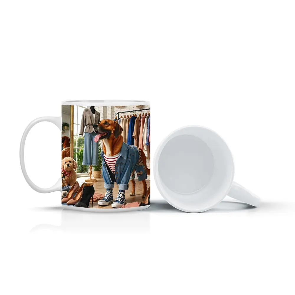 Stylish Dogs Dressed Up in Fashion Boutique – Mugs