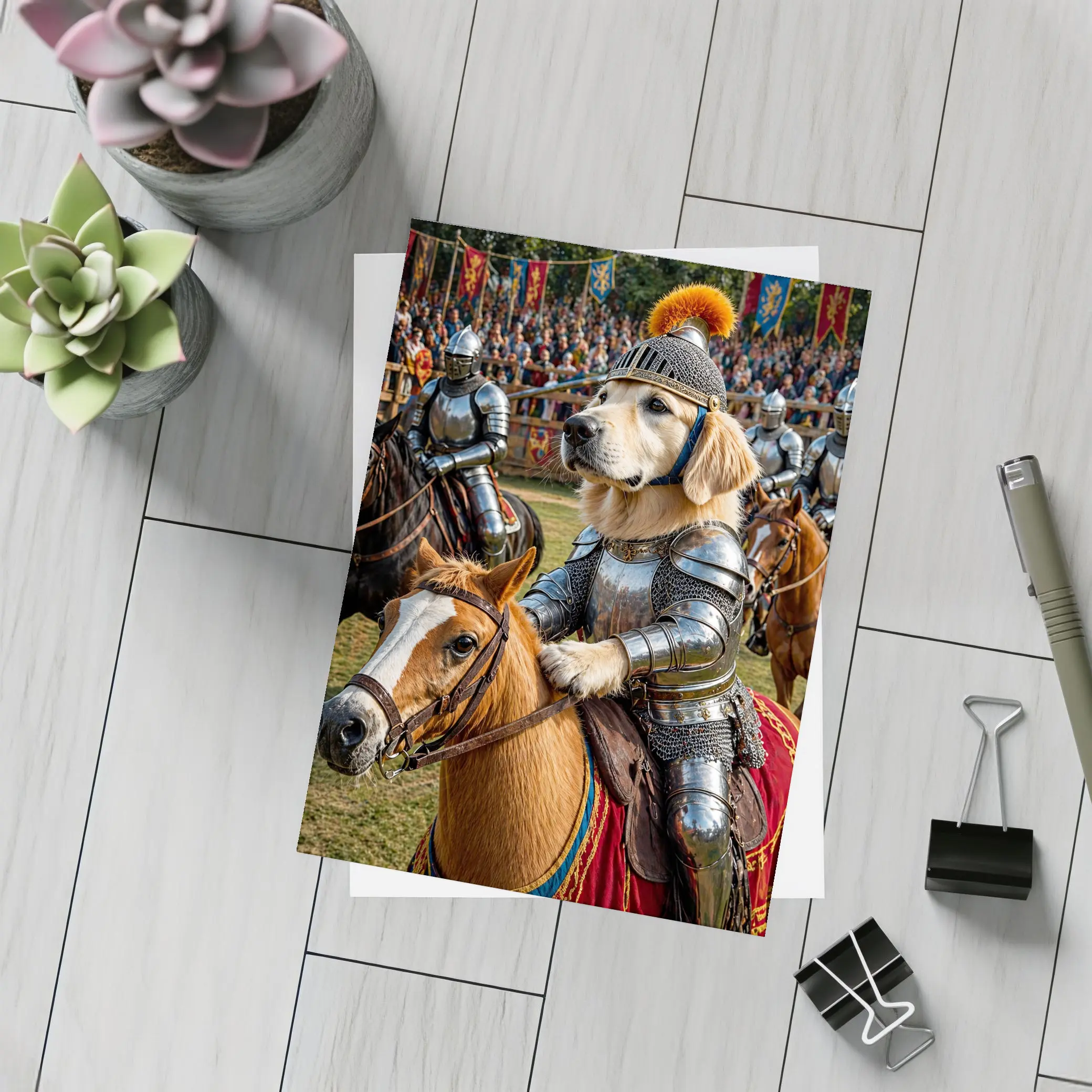 Golden Retriever Knight Riding Horse Medieval Tournament – Postcards