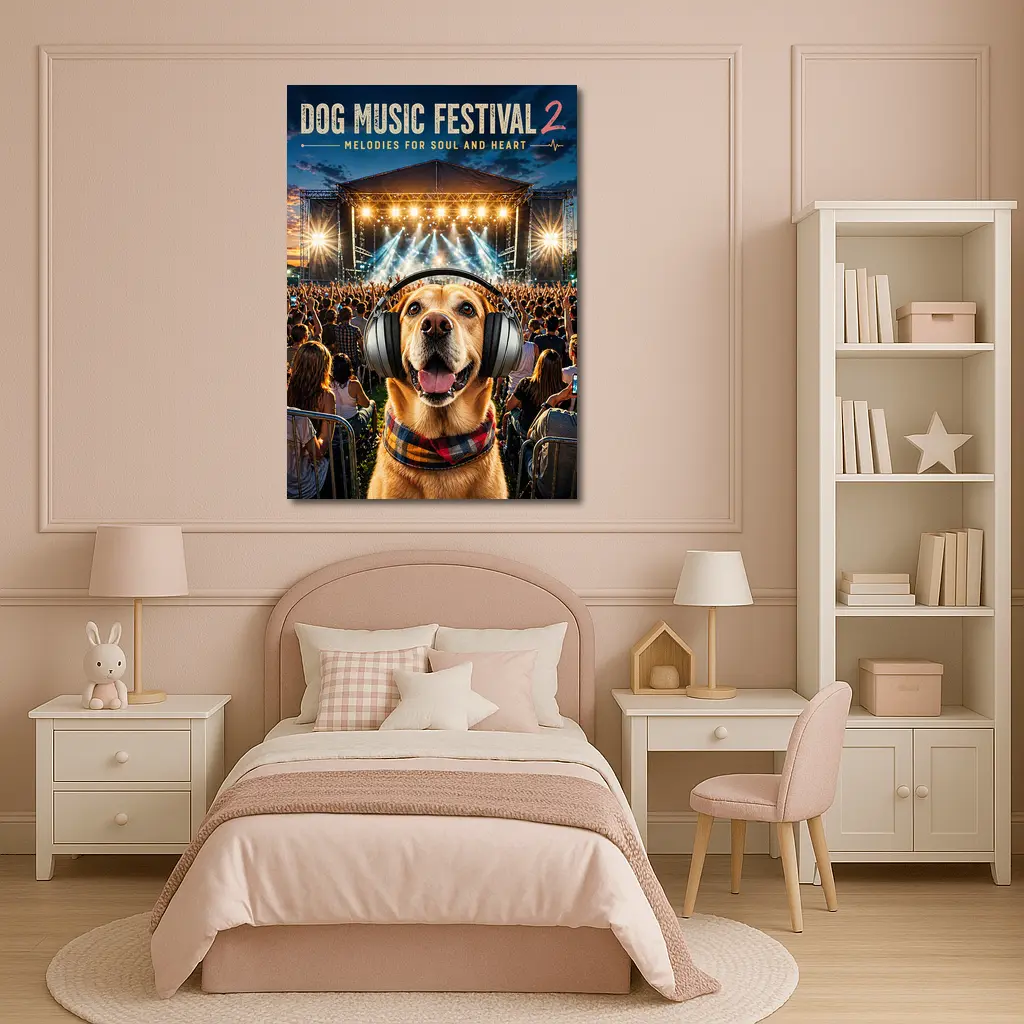 Golden Retriever Dog Wearing Headphones Music Festival – Wall Art