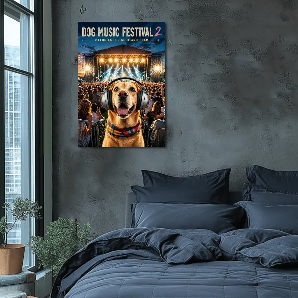 Golden Retriever Dog Wearing Headphones Music Festival – Wall Art