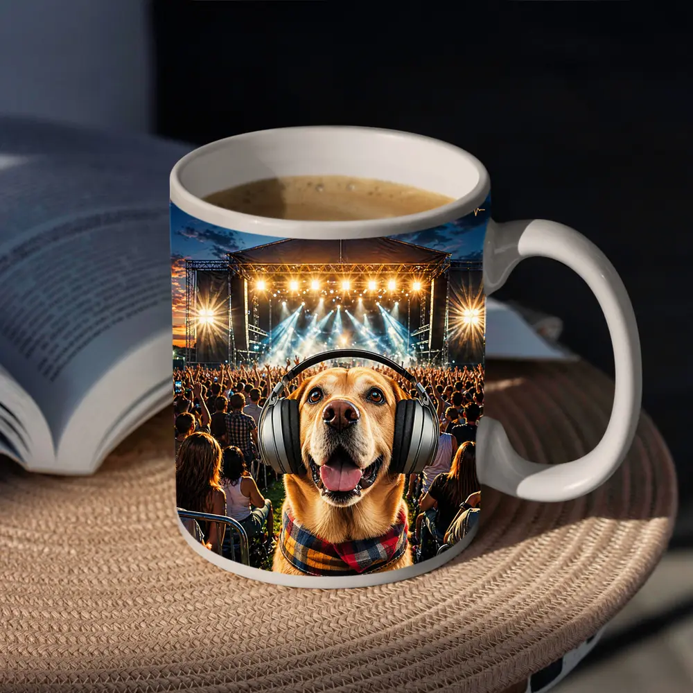 Golden Retriever Dog Wearing Headphones Music Festival – Mugs