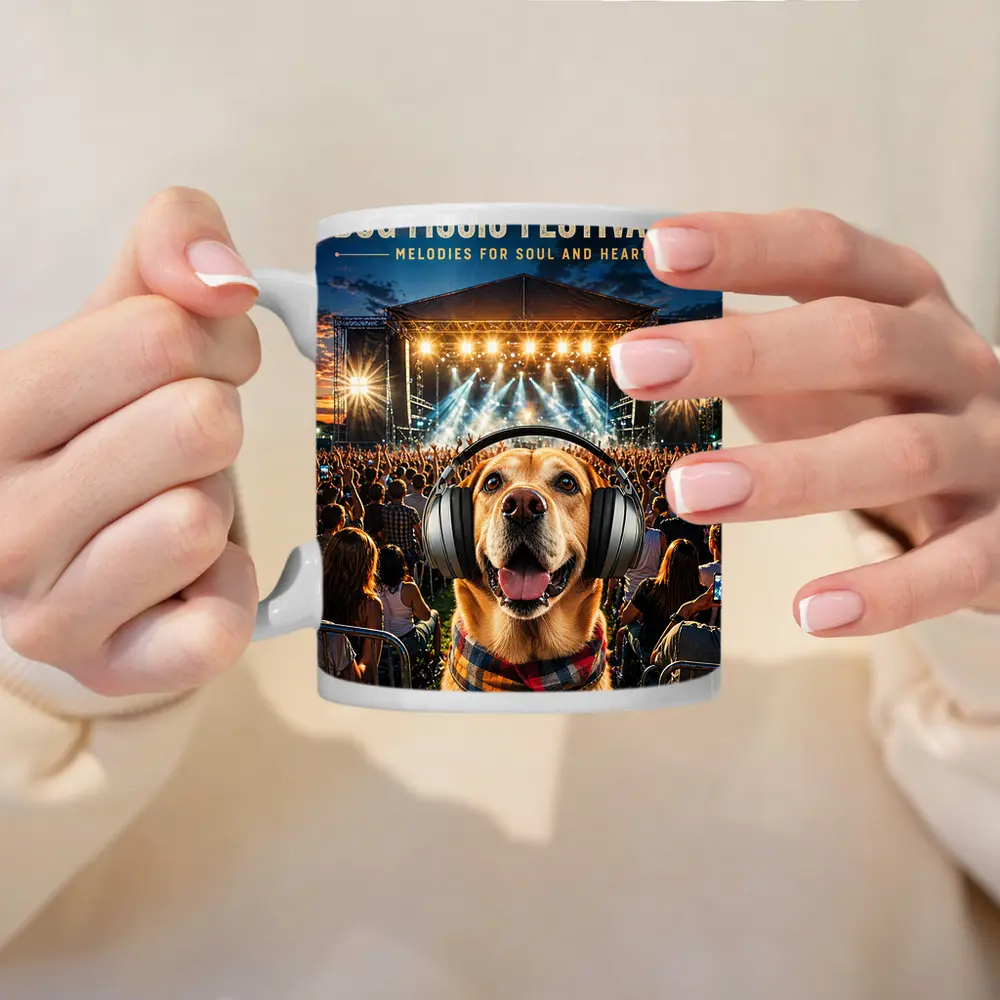 Golden Retriever Dog Wearing Headphones Music Festival – Mugs