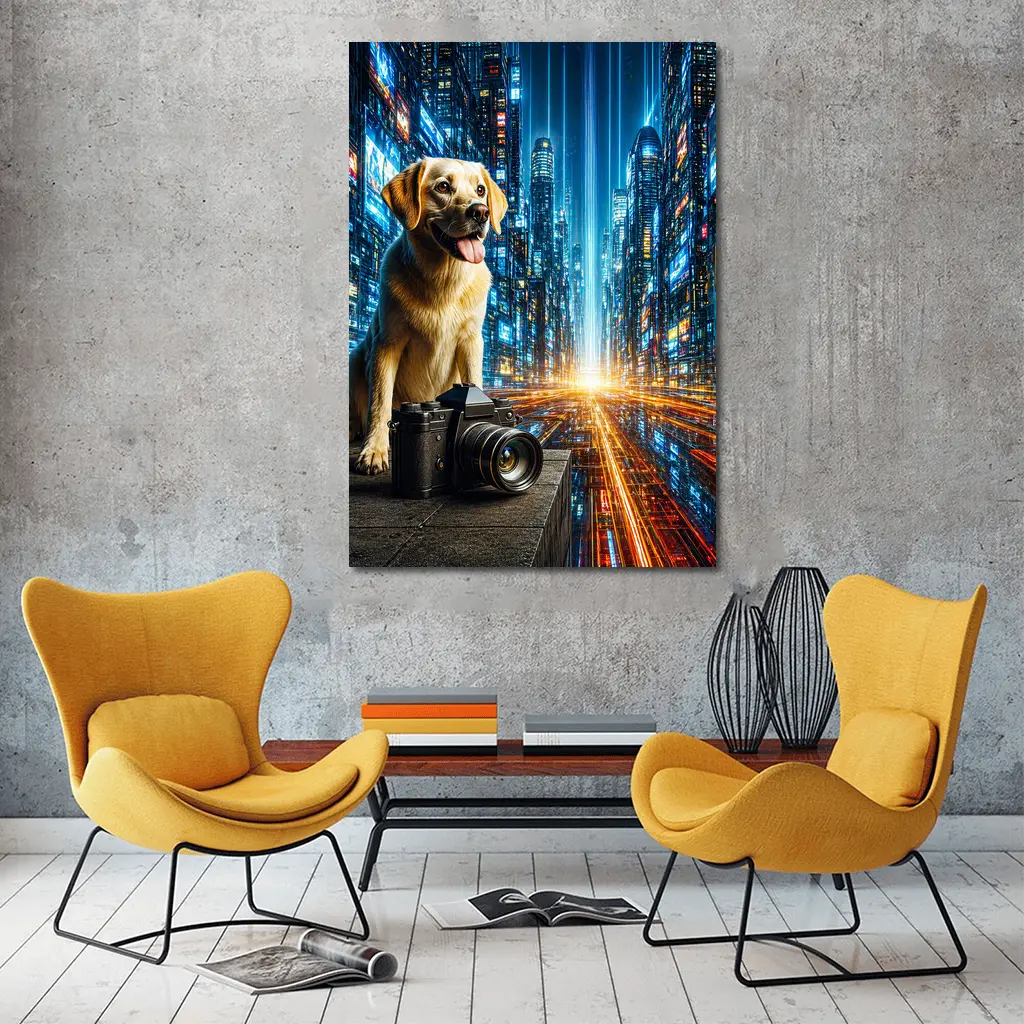 Labrador Dog Camera Neon Futuristic City – Wall Art